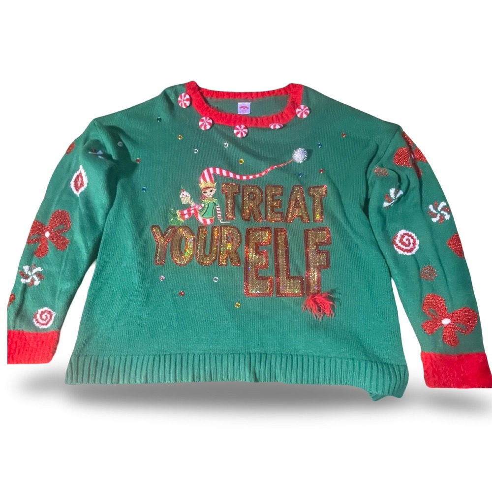 Holiday Time Women's Ugly Christmas Sweater XL/XG Treat‎ Your Elf Green Red